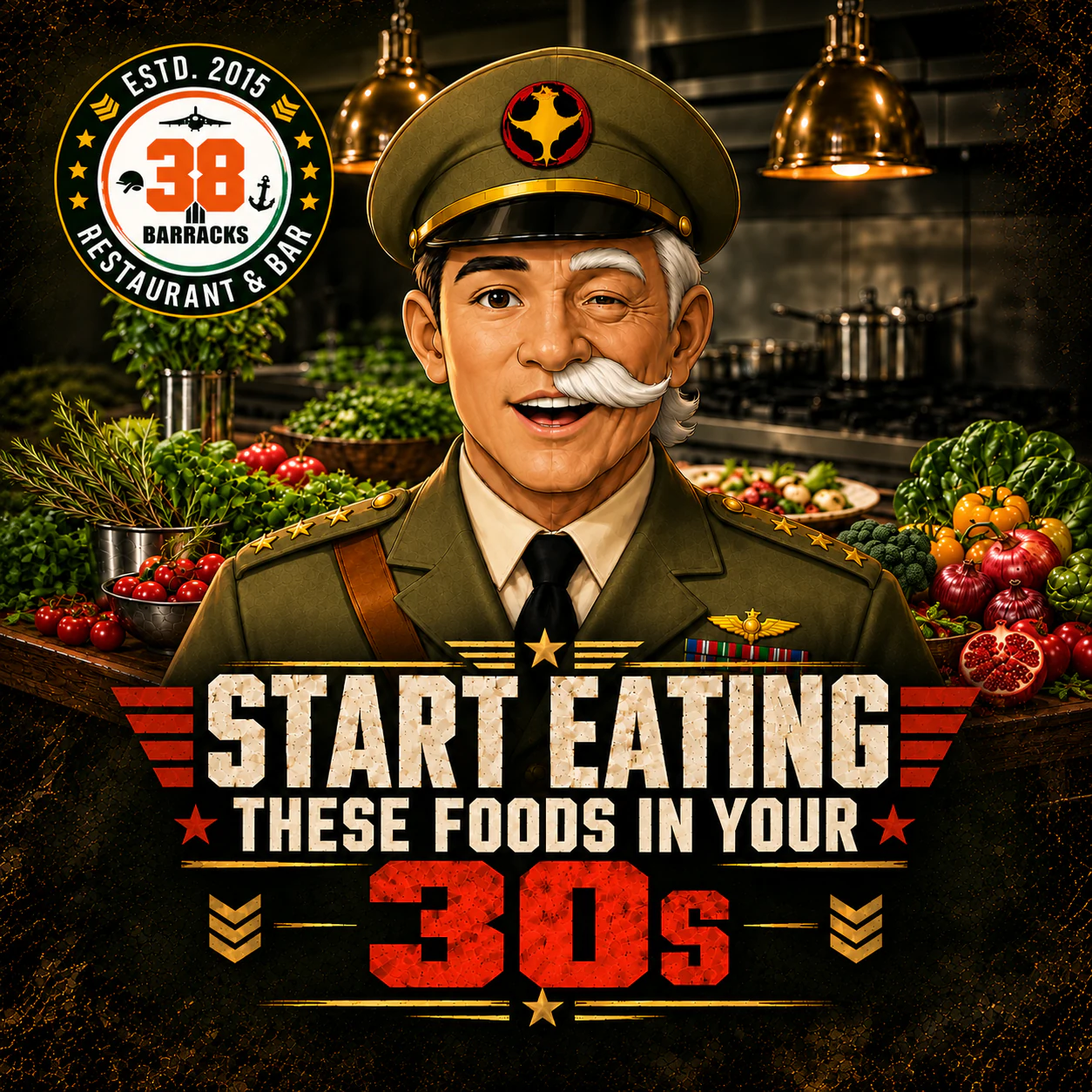 Healthy foods to eat in your 30s including vegetables, whole grains, protein, fruits, nuts and seeds